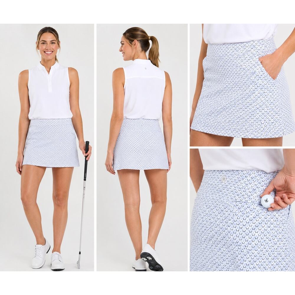 PETER MILLAR | Performance Golf Skort Blue Skirt White Gray Print | Size Small